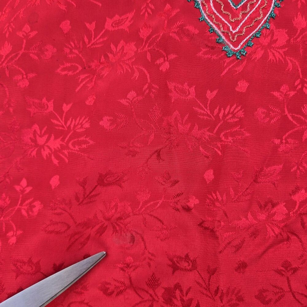 Red Floral Damask Embroidered Kaftan Gown Green Embroidery Loungewear Resort - Picture 6 of 6